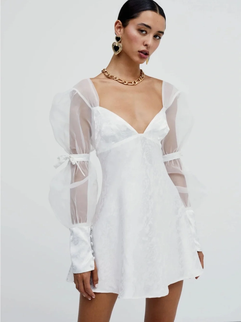 For Love & Lemons Gabrielle Puff Sleeve Mini Dress White SZ S - Picture 1 of 8